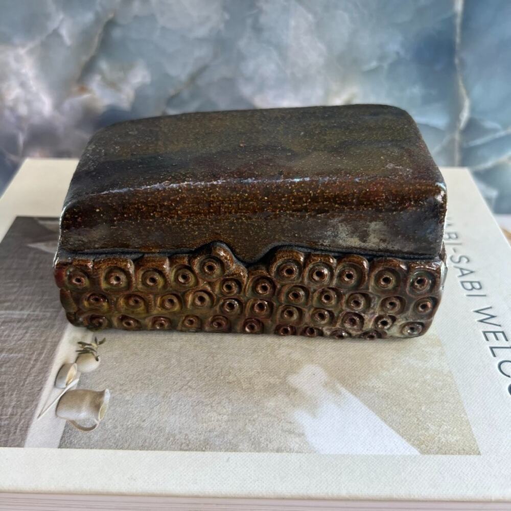 Art Studio Pottery Box With Lid 5 x 3" Brown Rustic Swirls Brutalist Signed